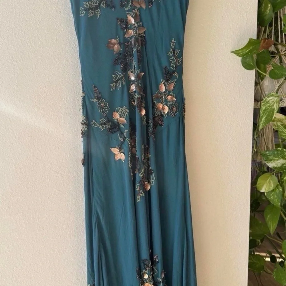 Vintage Sue Wong 100% Silk Teal Floral Beaded Dress - Picture 2 of 8
